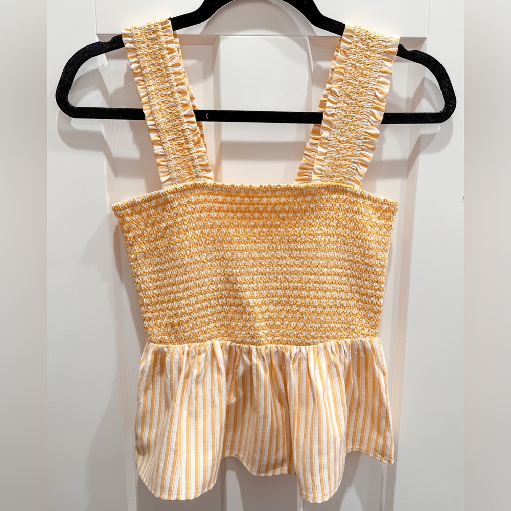Yellow and White Striped Smocked Top